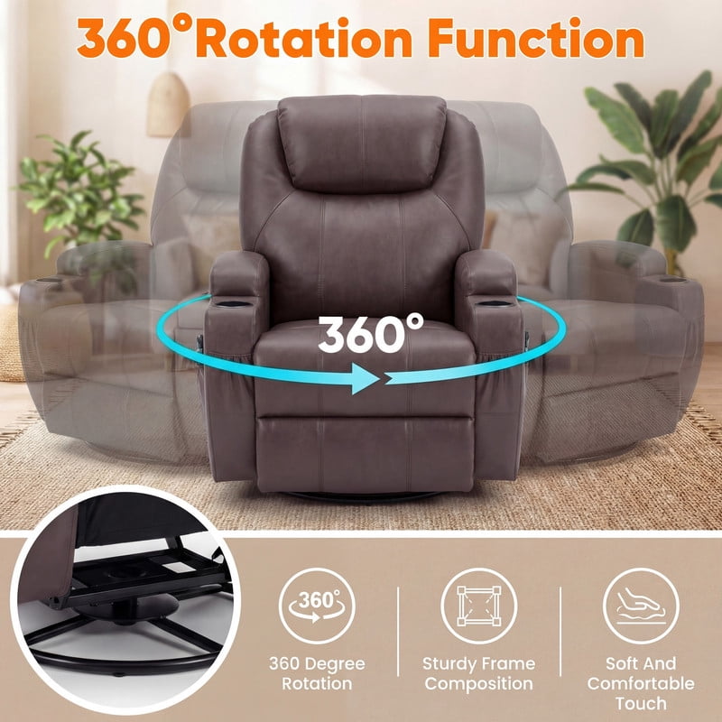 Vineego Massage Swivel Rocker Recliner with PU Leather Fabric Small Spaces Lounge Chair with Two Cup Holder for Bed Room,PU Brown