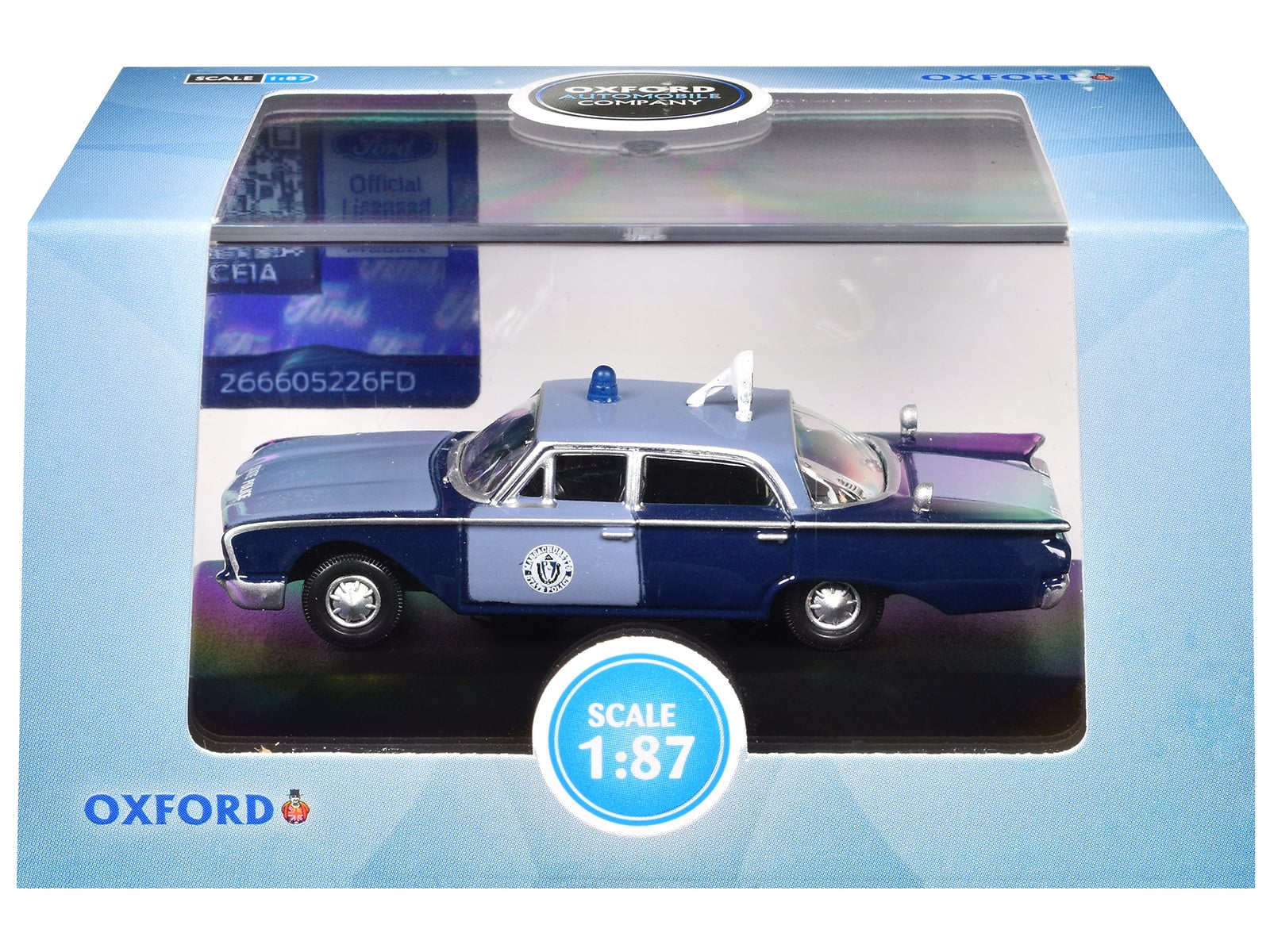 1960 Ford Fairlane Sedan Massachusetts State Police Radar Car Blue Two-Tone 1/87 (HO) Scale Diecast Model Car by Oxford Diecast