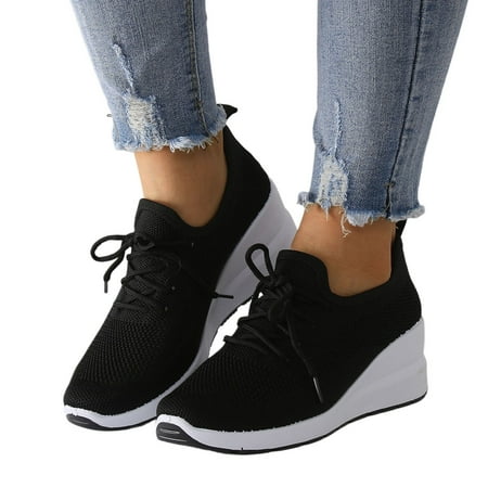 Oyedens Wedge Walking Shoes for Women Breathable Chunky Heels Running Work Shoes Fashion Sneakers Black