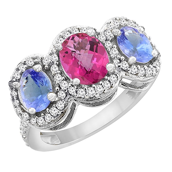 14K White Gold Natural Pink Sapphire & Tanzanite 3-Stone Ring Oval Diamond Accent, size 5