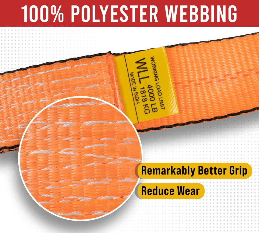 4 Pack 2"x9' Over The Wheel Tire Straps w/ Ratchet, Swivel J Hook & Rubber Blocks -  3,333 LBS WLL High Abrasion Orange Webbing - Towing Tie Down Strap for Auto Car Hauler, Truck Bed