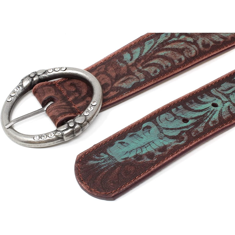 4444 Distress Embossed Brown And Teal Leather Belt With Rhinestone Ring Buckle Western Brown Leather Belt With Light Blue Longhorn  main image 4