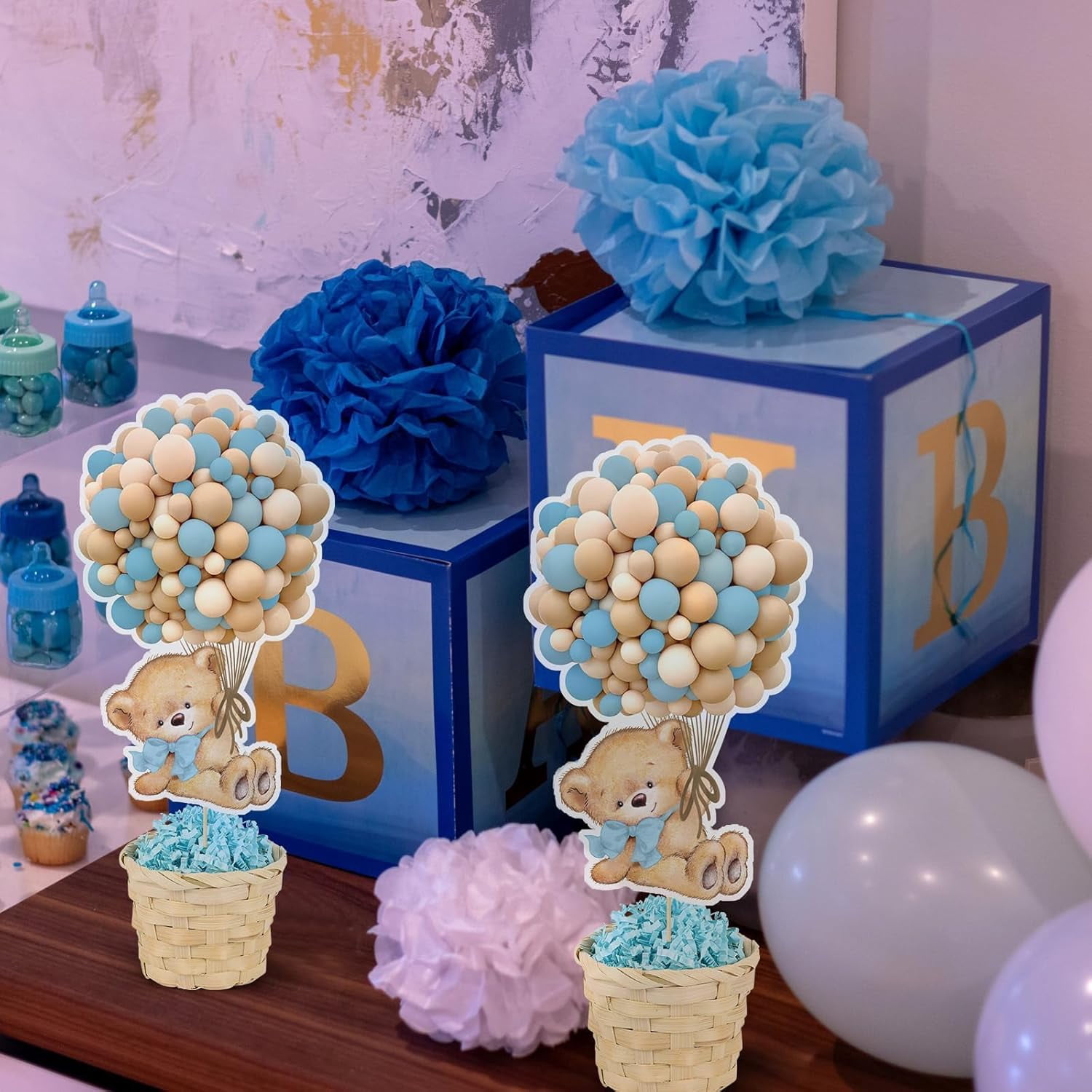 6 Set Blue Baby Shower Table Centerpieces Decortion Hot Air Balloon Cute Babys Bear with Bamboo Basket Lafite Garss Welcome Oh Baby We Can Bearly Wait Boy Or Girl Gender Reveal Party Favor