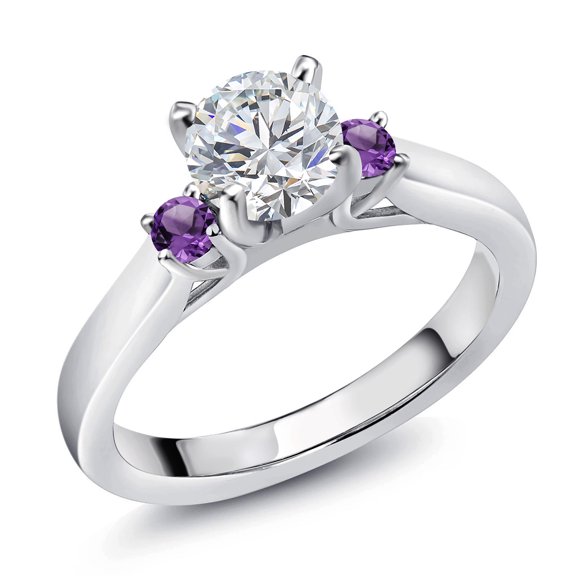 Gem Stone King 925 Sterling Silver Lab Grown Diamond and Purple Amethyst Engagement Ring for Women | 0.86 Cttw | Round 6MM | Gemstone April Birthstone | Size 9