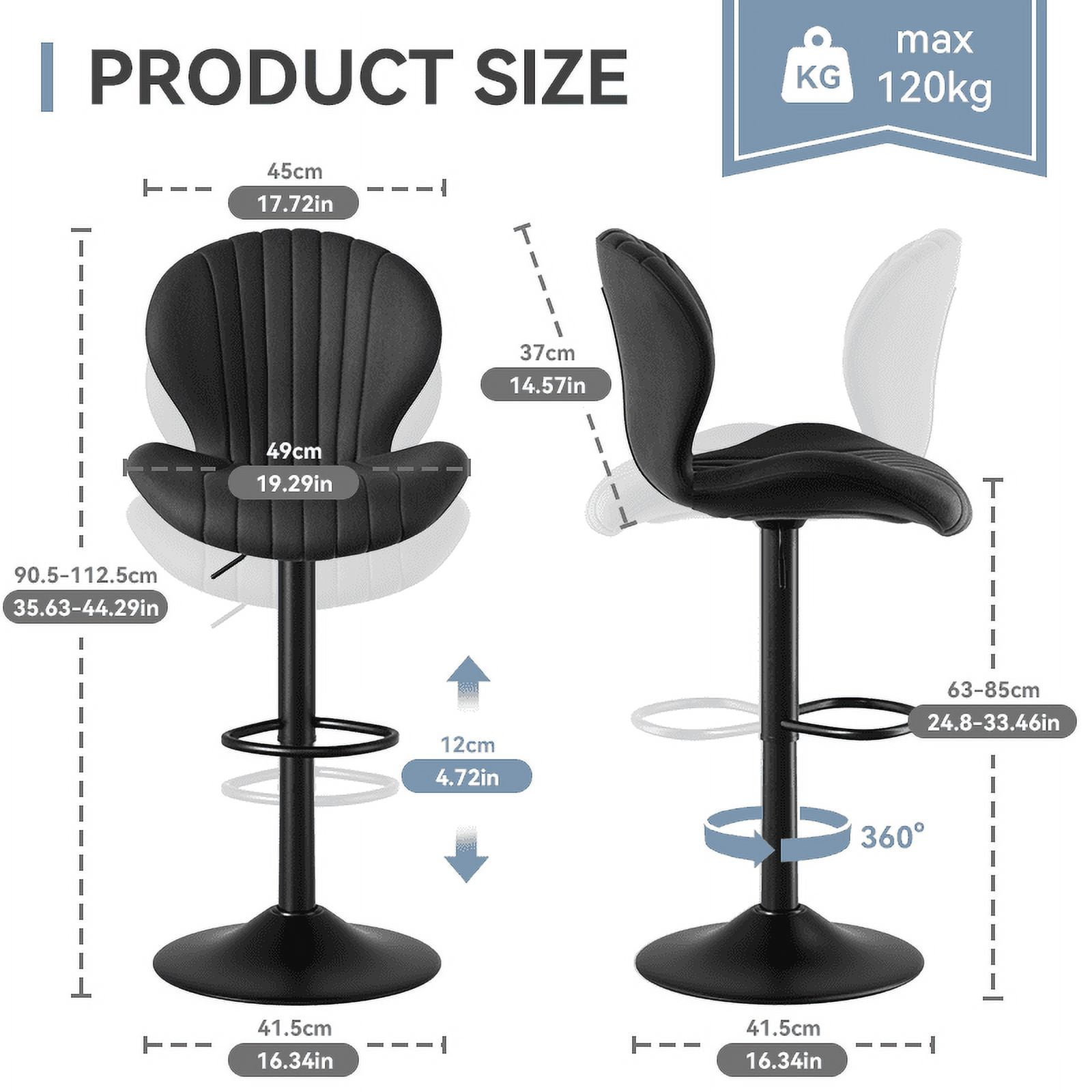 MOONMISS Modern Adjustable Bar Stool Faux Leather Bar Stool, Black(Set of 2)