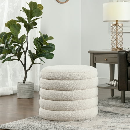 CoSoTower 19" Oversized Round Storage Ottoman, Ivory White Boucle