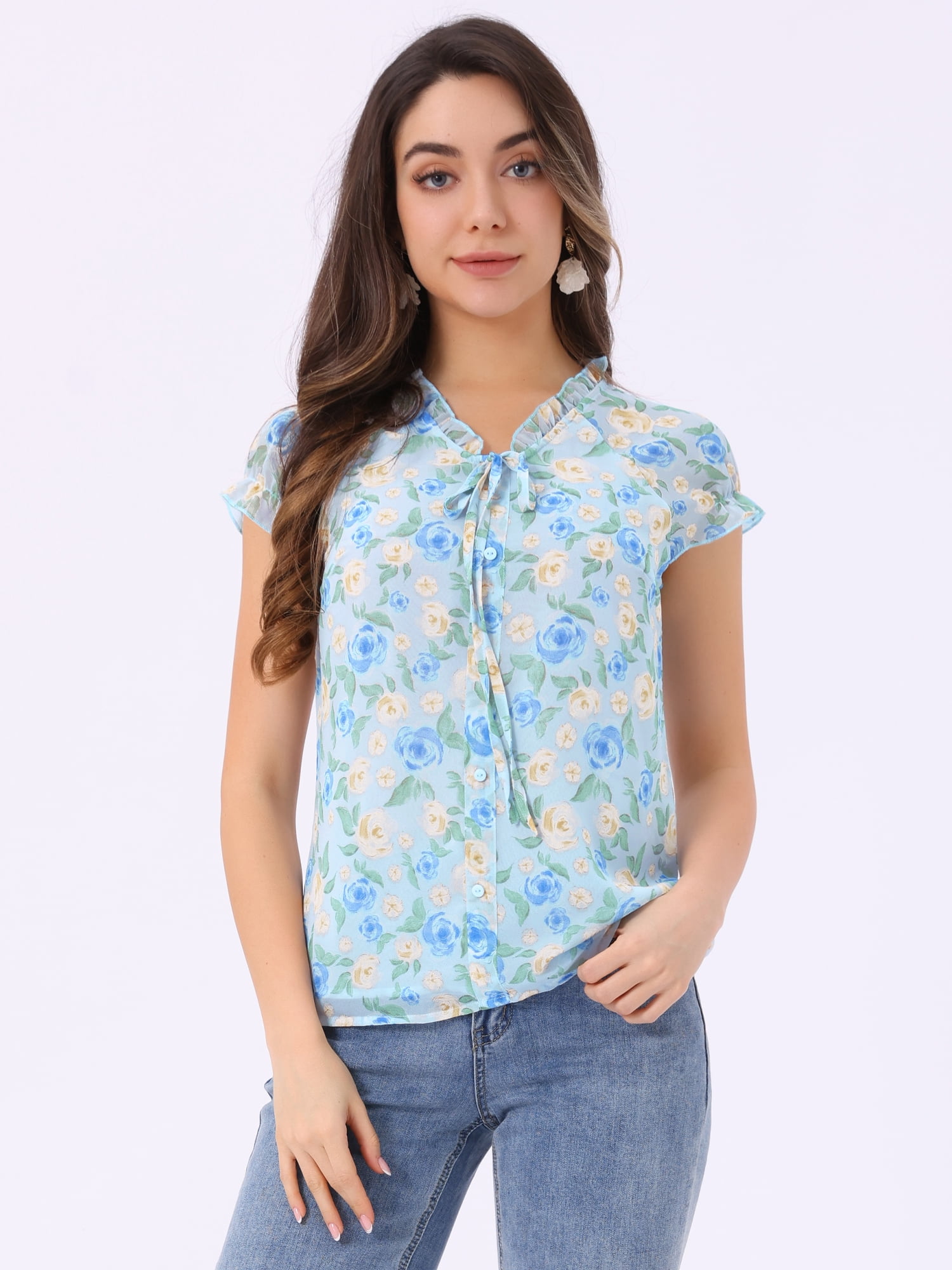 DARING DIVA Ruffle V Neck Cap Sleeve Chiffon Floral Blouses S Sky Blue