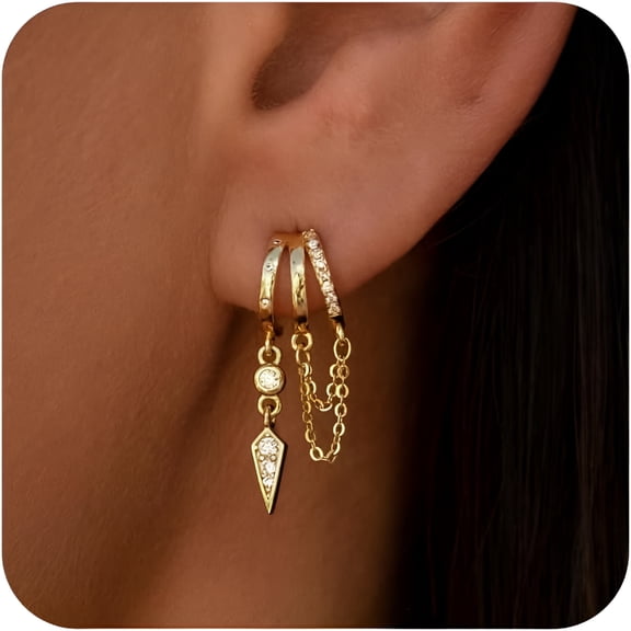 DESIGNICE Gold Earrings for Women, 14K Gold Plated Triple Huggie Earrings Dainty Dangle Earrings for Women Trendy Small Gold Hoops Statement Long Drop Chain Earrings Fashion Tarnish Free Jewelry