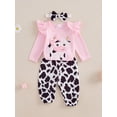 thumbnail image 4 of Baby Toddler Girl Fall Outfits 0 3 6 9 12 18 Months Cow Embroidery Long Sleeve Romper Long Pants Headband 3Pcs Clothes Set, 4 of 9