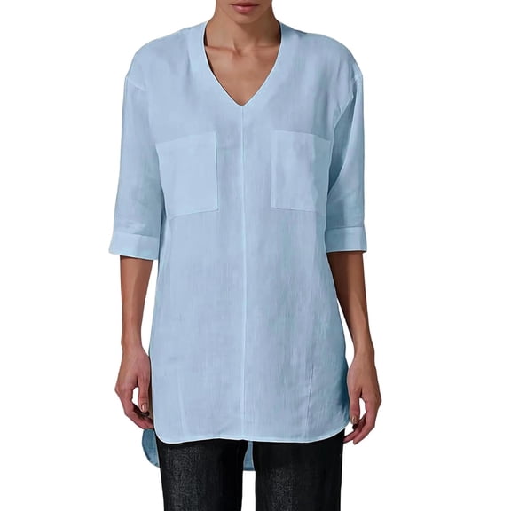 Lenpel Half Sleeve Womens Tops Cotton Linen V Neck Tunic Blouses with Pockets Fashion Side Split High Low Hem Shirts