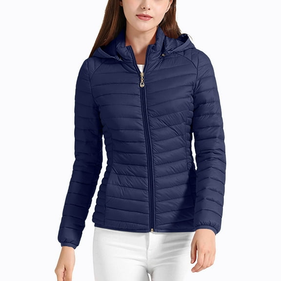 Women's Lightweight Puffer Jacket Short Winter Quilted Down Coat with Detachable Hood Navy M