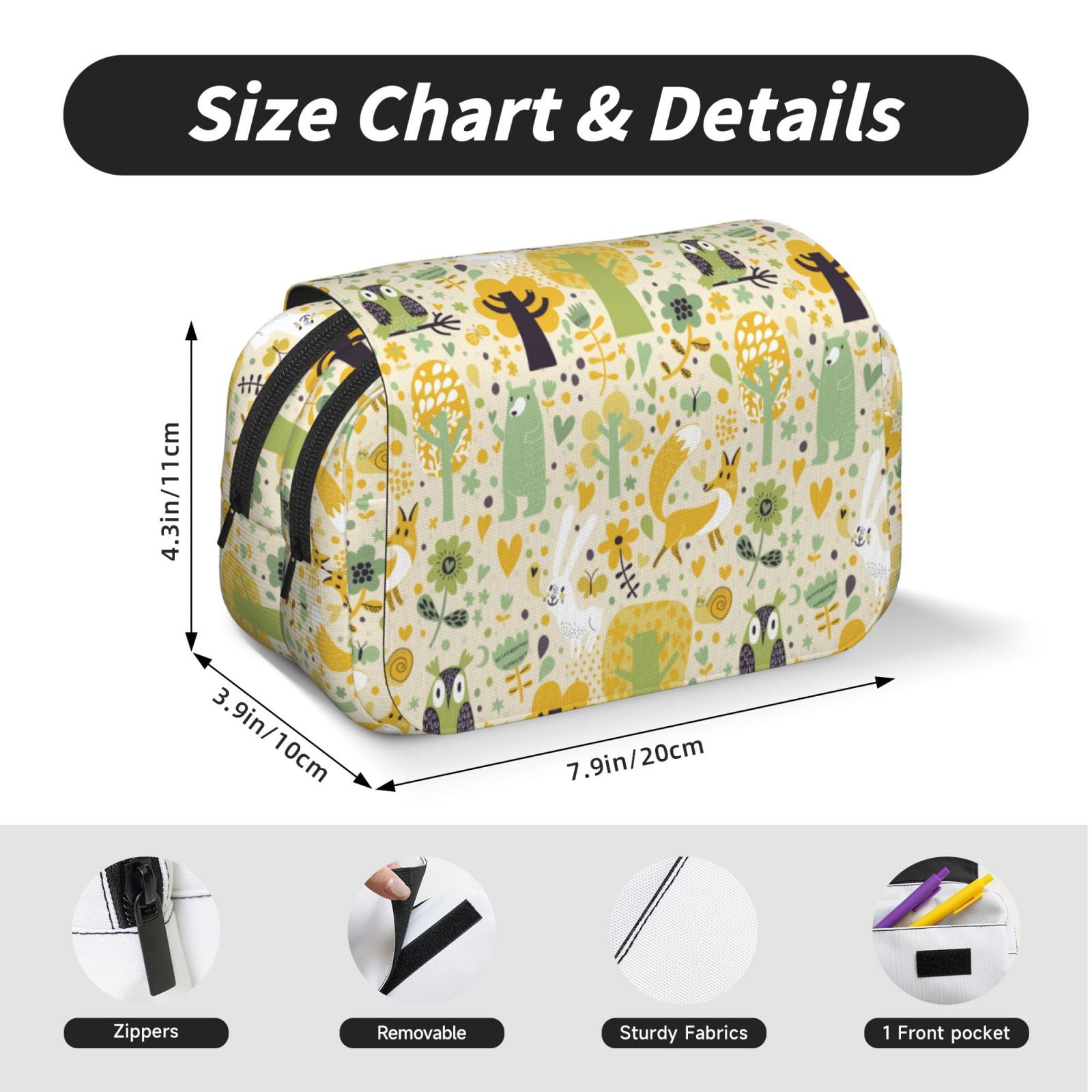 Rateoe Animal Tree Pattern Double Clamshell Pen Case, Storage Organizer with Two Zipper Compartments– Holds Up to 50 Pencils & Pens