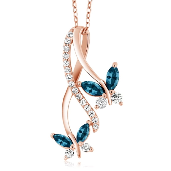 Gem Stone King 18K Rose Gold Plated Silver Marquise London Blue Topaz  Butterfly Pendant Necklace for Women (1.49 Cttw, Gemstone Birthstone, with 18 inch Chain)