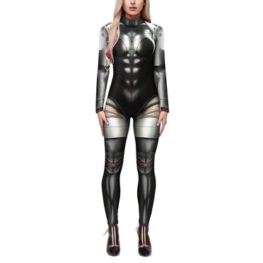 TrendOFT Womens Skull Skeleton Halloween Costume Jumpsuit Bodysuit One Piece Romper Outfit Silver XL