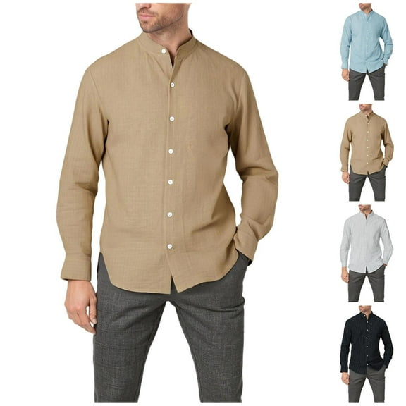 Eryao Long Sleeve Linen Shirts for Men Button Down Band Collar Dress Shirt Business Casual Office Blouses,Khaki,XL