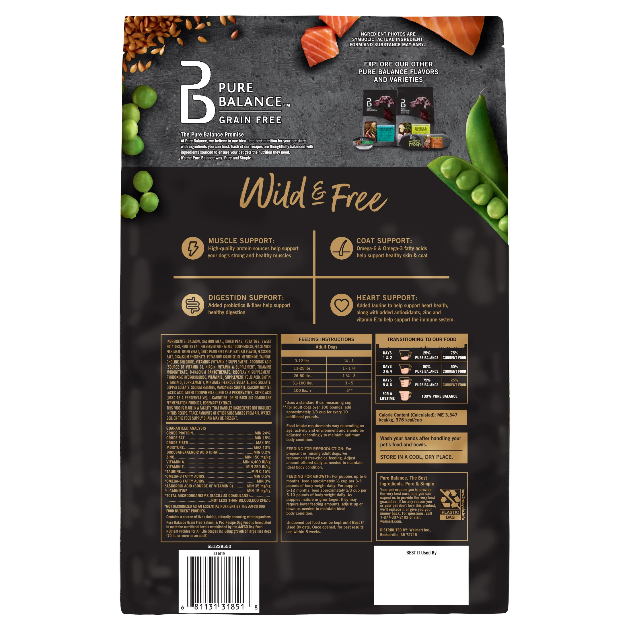 (4 pack) Pure Balance Wild & Free Grain-Free Salmon & Pea Recipe Dry Dog Food, 4 lbs