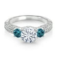 thumbnail image 2 of Gem Stone King 925 Sterling Silver White Moissanite and London Blue Topaz Engagement Ring for Women (1.94 Cttw, Gemstone, Round 7MM and 4MM, Size 7), 2 of 3