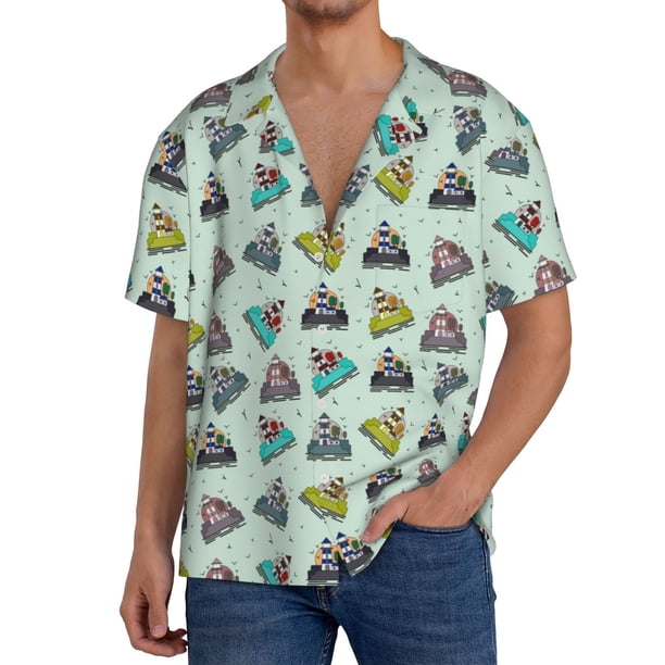 Fotbe Lighthouse Camisa Estampada de Manga Corta para Hombre, Casual de Verano, Estilo Playero, Sin Arrugas-X-Large