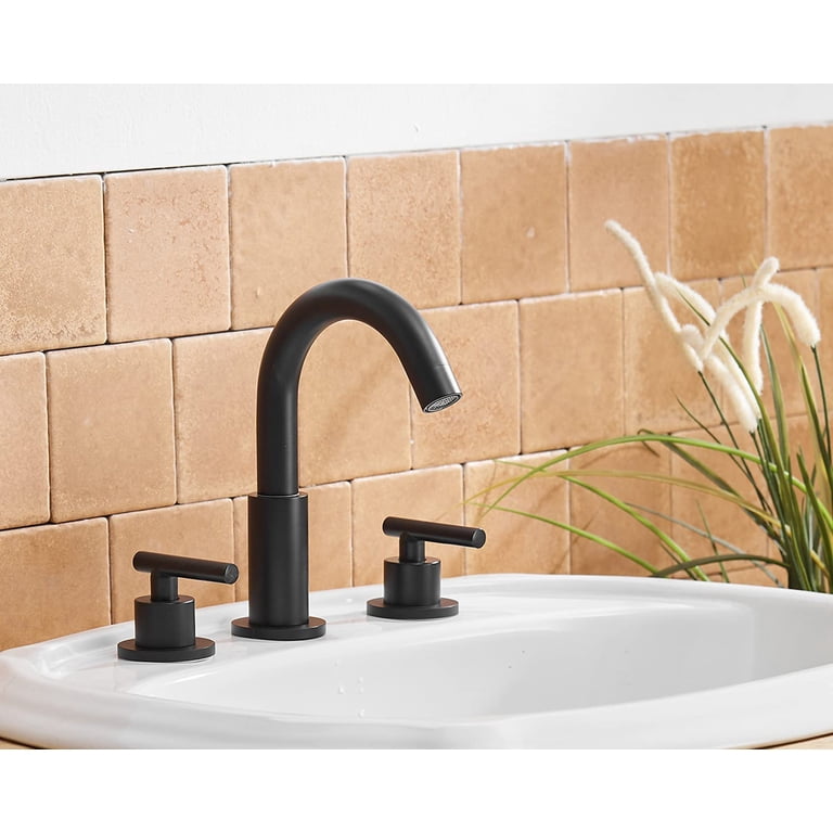Matte Black Bathroom Faucet 3 Hole - Solid Brass, Waterfall Spout, Adjustable, Easy Install For Vanity Sink