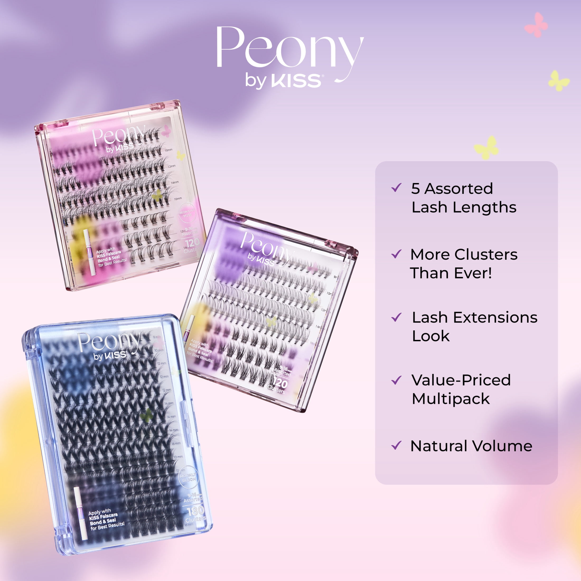 Kiss Peony False Eyelashes, Lash Extension Kit, 9mm-16mm, 180 Lash Clusters - Moonlit Bloom