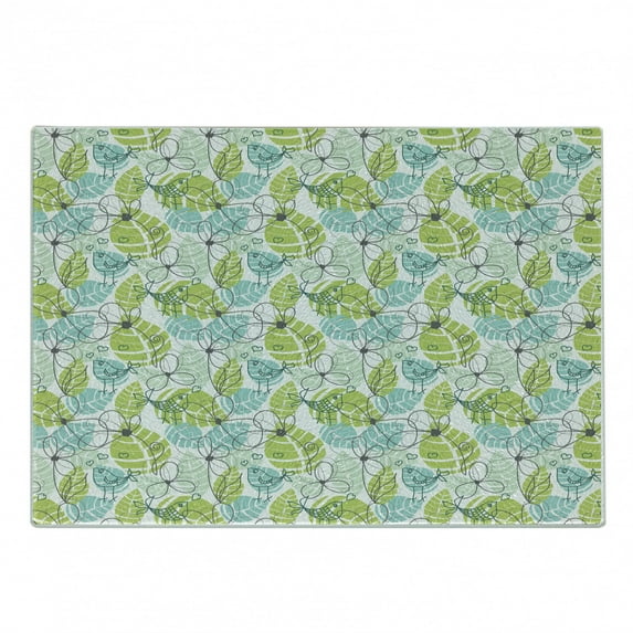Leaves Cutting Board, Doodle Birds and Flowers with Foliage Hearts Ornamental Print, Decorative Tempered Glass Cutting and Serving Board, in 3 Sizes, by Ambesonne