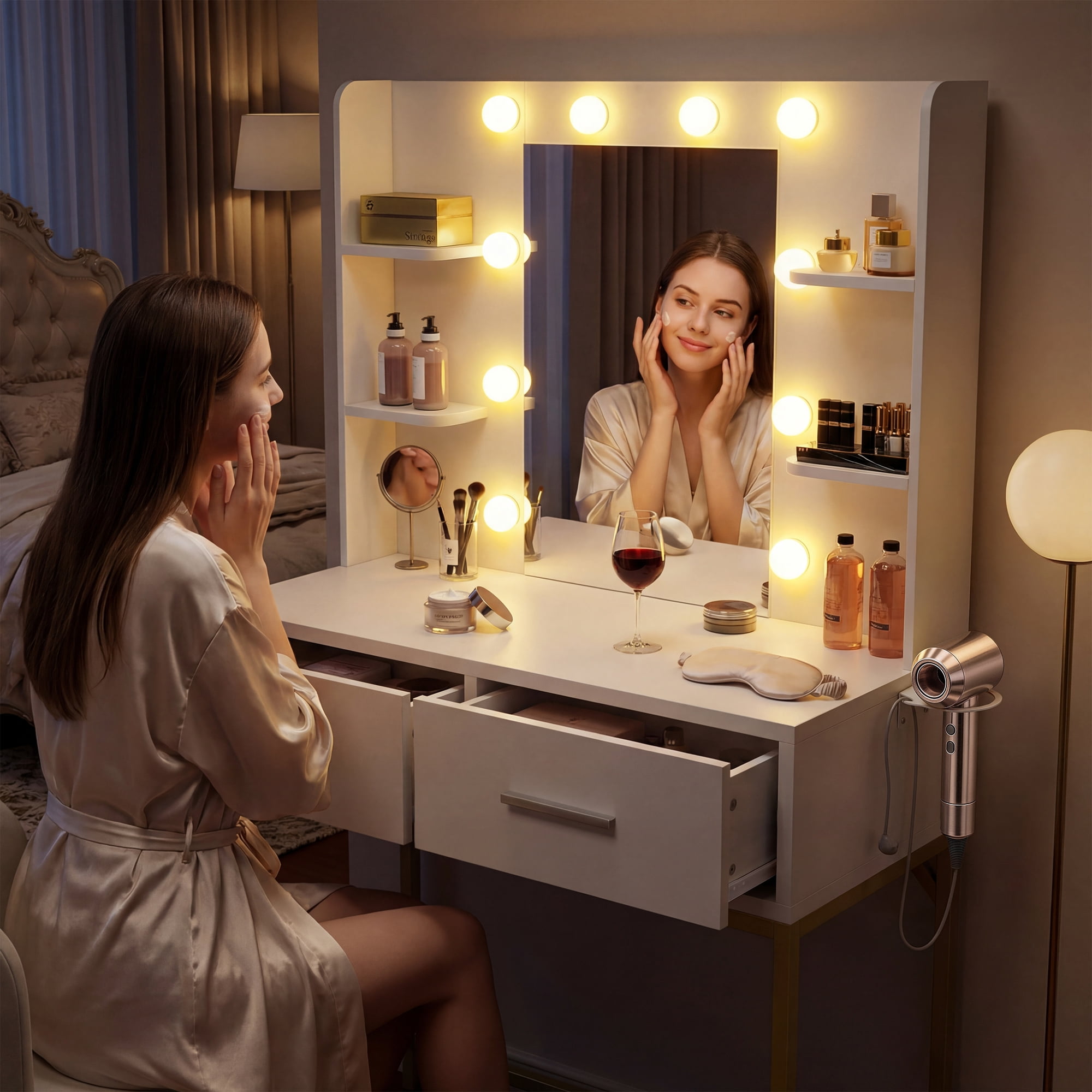 Homall Vanity Desk with Mirror, Power Outlet & LED Lights, Makeup Vanity Table with 2 Drawers & 4 Shelves, Dressing Table for Bedroom Dressing Room, White