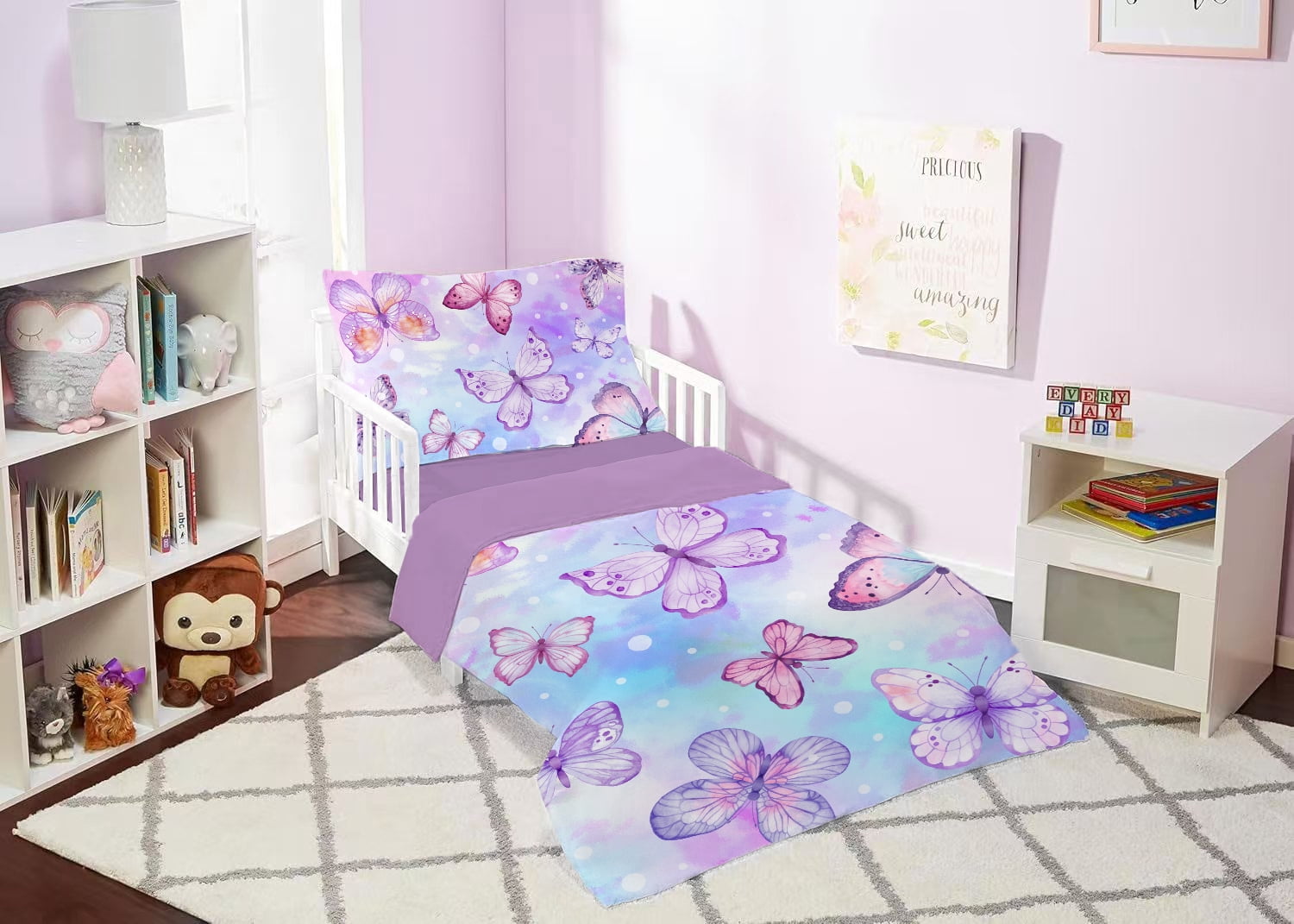 Toddler Bedding Sets for Babys Boys Girls Kids Blue Purple Tie Dye Butterfly Toddler Crib Comforter Set Flat Sheet Fitted Sheet and Pillowcase 4 Pieces