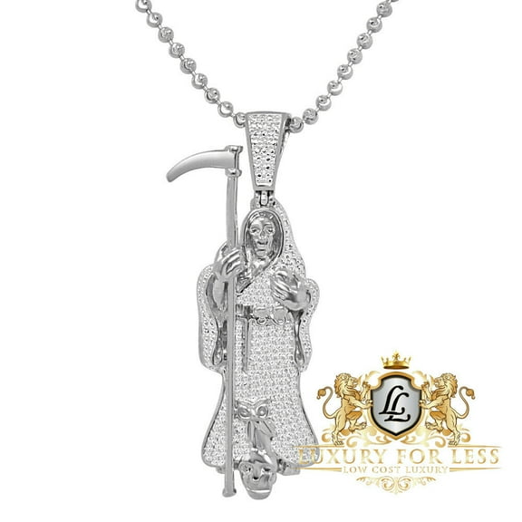 Real Diamond Santa Muerte Grim Reaper Angel of Death 10K  White Gold Over Pendant Charm