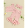 thumbnail image 2 of Suealasg Toddler Girls Outfit Baby Girls Clothes One Shoulder Ribbed Tops + Elastic Waist Flare Pants + 3D Bow Headband 3Pcs Kids Summer Clothing, 2 of 8