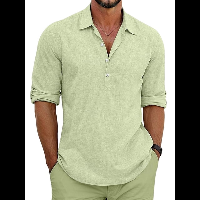 Camisas Clásicas de para Hombre, de Larga, con Solapa y Botones, Informales, para Playa y Verano. Verde M