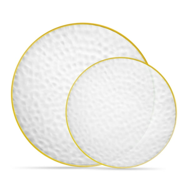 PLASTICPRO 32 Piece Combo Plates Set AFN1includes 16-7'' inch Plates & 16-9'' inch Plate Clear Plastic Organic Hammered Design Party Dishes Gold Rim, Elegant, Tableware, Dishes,