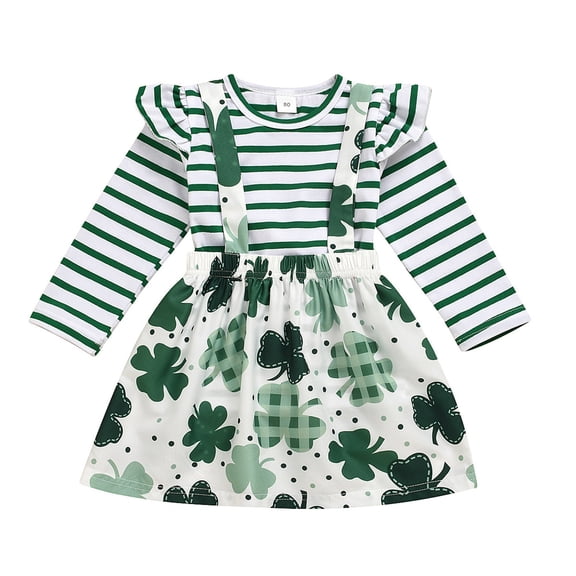 Coerni St Patricks Day Baby Girl Outfit Toddler Striped Long Sleeve T Shirt Tops   Cloverss Suspender Skirt Clothes Set