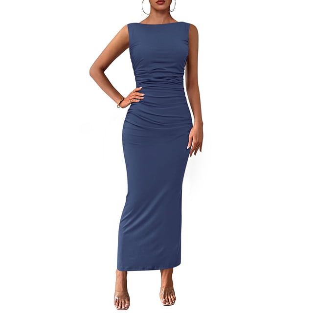 Vestido midi PRETTYGARDEN 2025 de verano sin mangas con pliegues para mujer