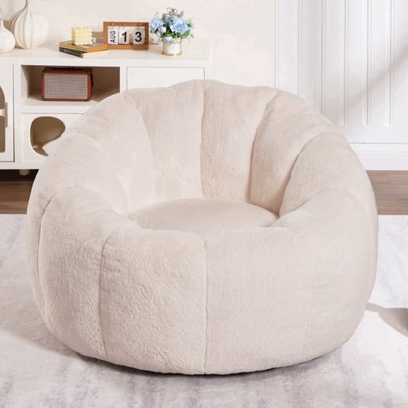 Bean Bag Chair for Adults, Pumpkin Shaped Bean Bag Sofa, Comfy Lazy Sofa Chair with Filler, Stuffed Large Accent Lounge Floor Chair for Living Room Bedroom Dorm (Beige)