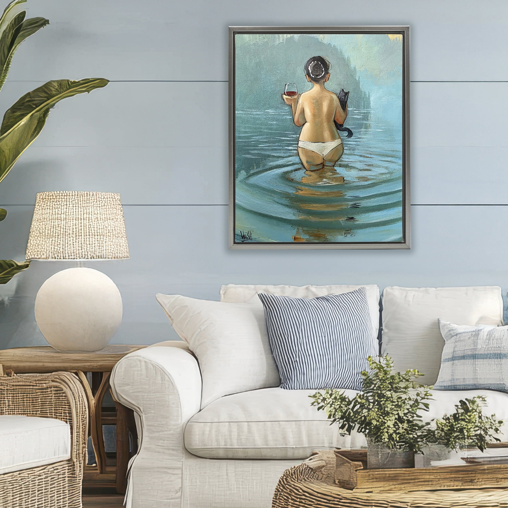 Stupell Industries Cat & Wine Dip At Twilight Gray Framed Floater Canvas Wall Art, design by Ronald West
