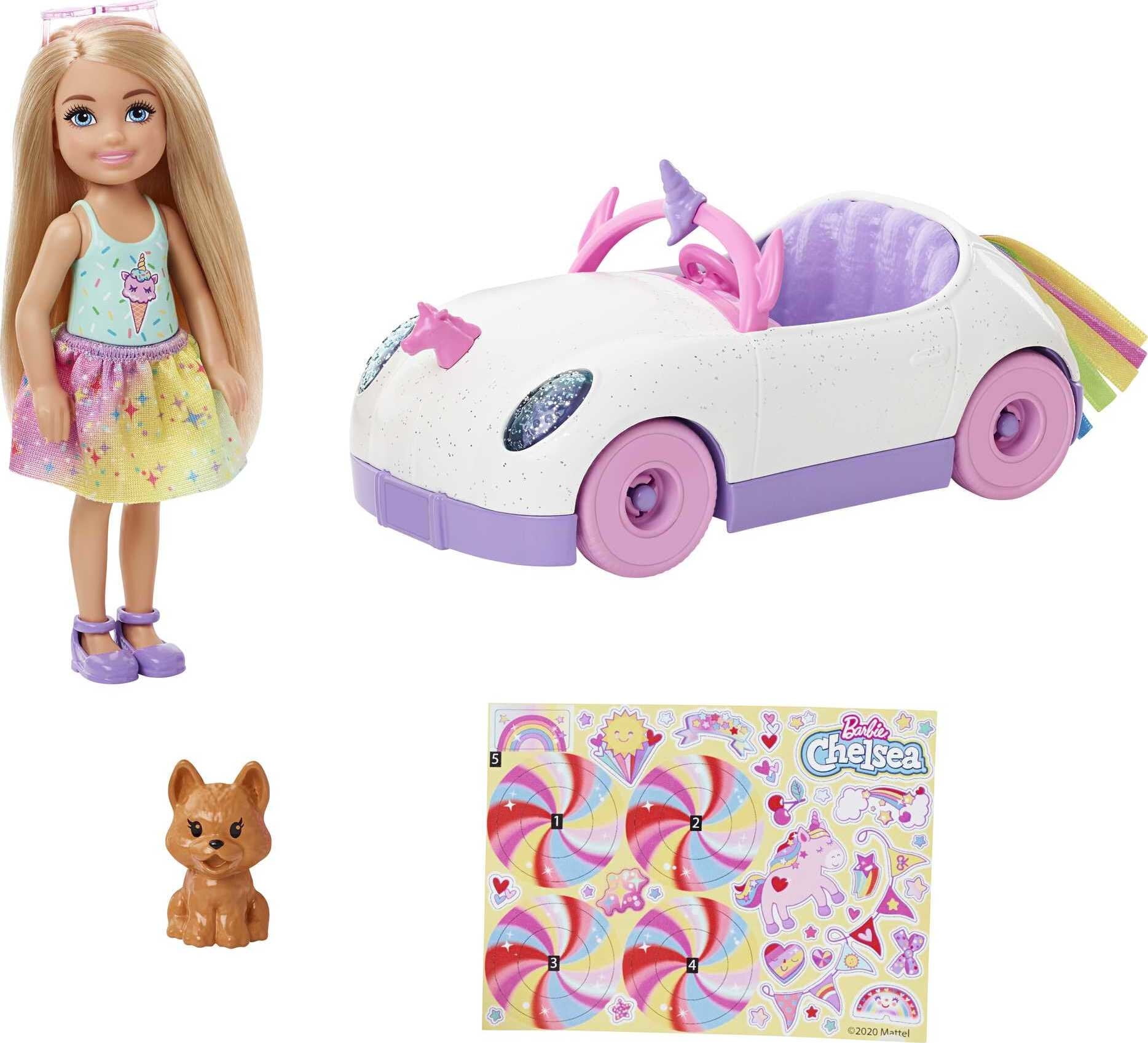 Barbie Club Chelsea Doll & Toy Car, Unicorn Theme, Blonde Small Doll, Puppy, Stickers & Accessories