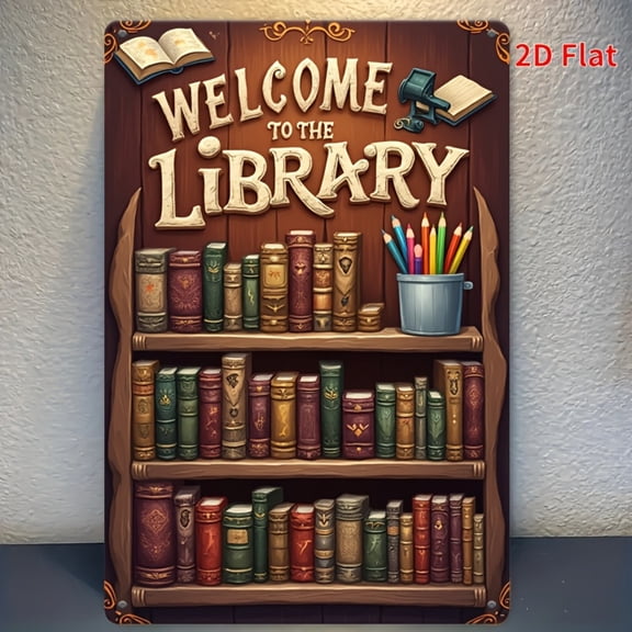 HELLOYOUNG Vintage Metal Tin Sign Welcome To The Library Bookshelf Wall Art Poster Pencil Decor for Bedroom Kitchen