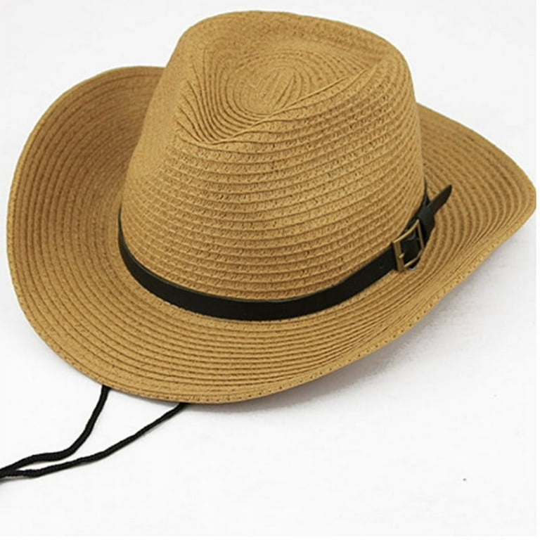 VELIHOME Men Straw Cowboy Hat Sun Hat Folding Western Wide Curved Brim with Adjustable Chin Strap Hat for Summer Outdoor, Adult Unisex, Size: One Size