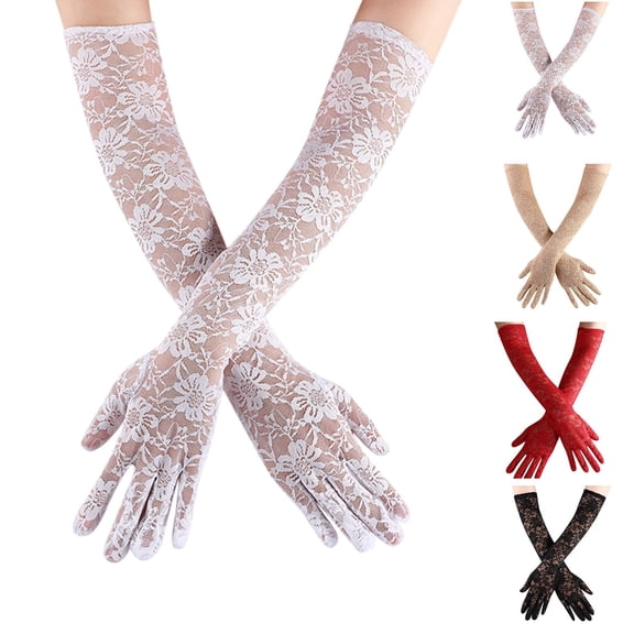 Helii Long Beige Glove for Women Long Elegant Floral Lace Opera Party Gloves Elbow Length Evening Dress Mitten for Bridal Wedding 1920s Tea Party Beige,Summer Sale
