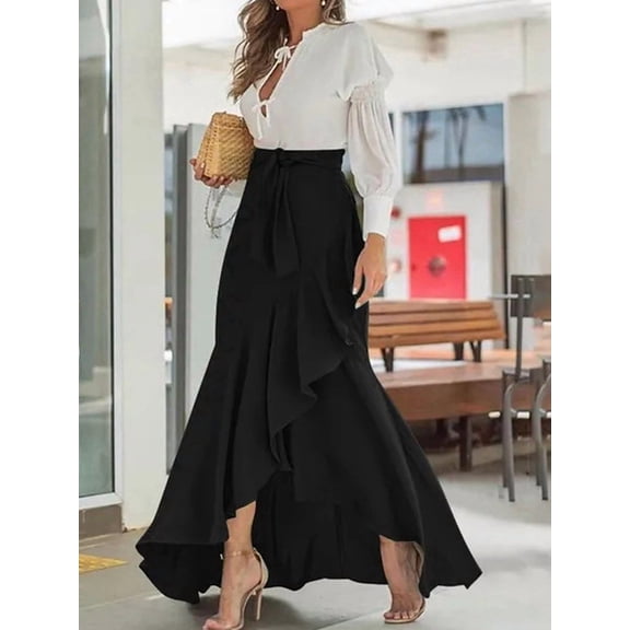Women'S Casual Plaid Mermaid Maxi Skirt A Line Irregular Ruffle Hem Fishtail Long Skirt Pure Black 4XL
