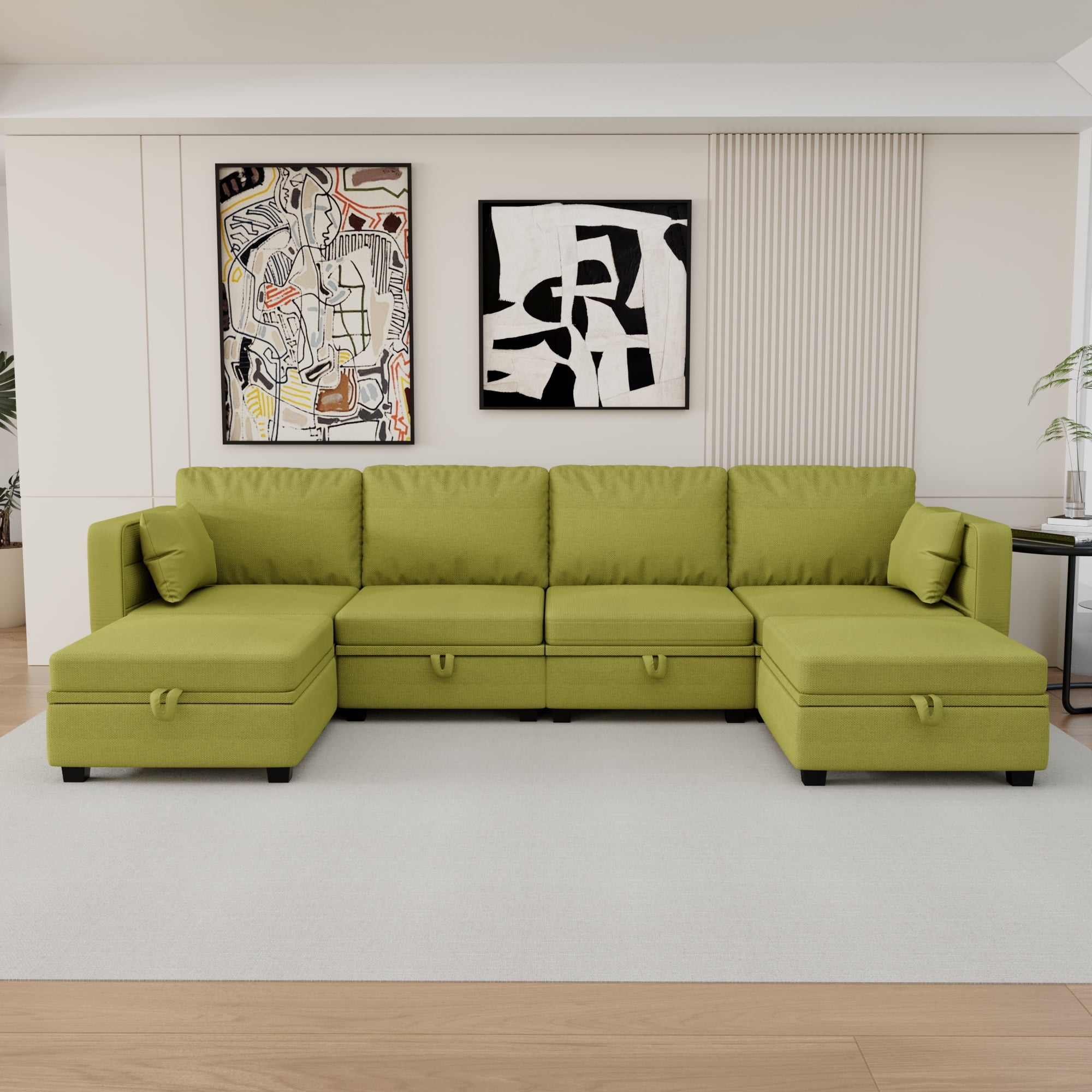 Aukfa 110" Linen Storage Sectional Couch for Living Room, Modular Sleeper Sofa U-shaped sofa, Olive