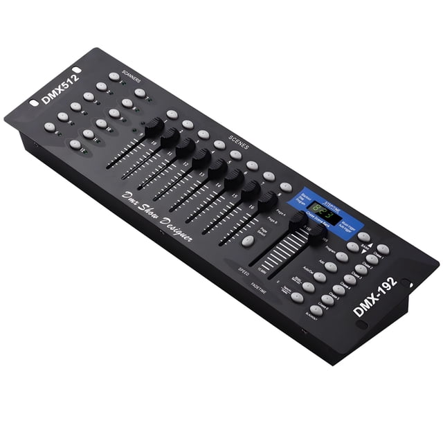 DMX512 Controller Console with 192 channels, a professional stage light control board for LED par and moving head lights. This black aluminum lighting mixer features 16 precision faders with LED indicators, a digital display, and dedicated scene buttons for intuitive operation. Compact design measuring 21.65 x 5.91 x 3.74 inches, suitable for DJs and lighting professionals seeking reliable DJ equipment.