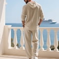 thumbnail image 5 of Amzcrzy Cotton Linen 2 Piece Sets for Men V Neck Long Sleeve Hooded Tracksuit Men Henley Button Down Shirt Elastic Waist Drawstring Pants with Pockets Casual Beach Loungewear Sets Khaki S, 5 of 8