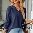 thumbnail image 5 of Women V Neck Blouse Long Sleeve Textured Jacquard Button Front Decoration Pullover Top Navy Blue M, 5 of 6