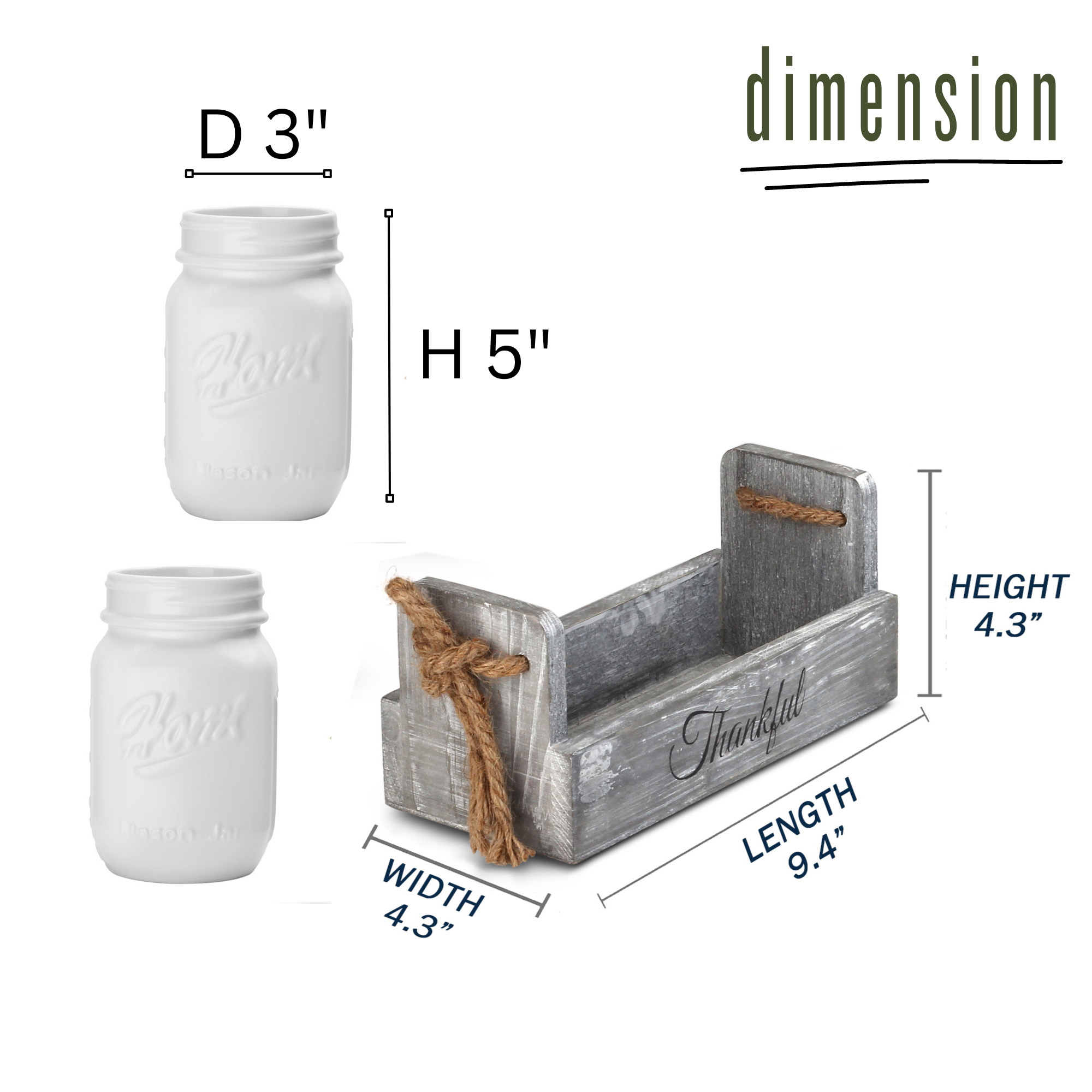 Ceramic Mason Jar Utensil Holder, Silverware Organizer for Spoons, Knives, Forks w/ Rustic Wood Tray,