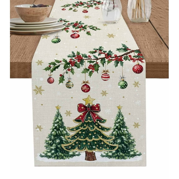 Christmas Tree Table Runner 90 Inch Long Dresser Scarves Cotton Linen Tablerunners Country Winter Ball Berry Gold Snowflakes Dining Kitchen Burlap Table Setting Decor for Party Holiday, 13"x90"