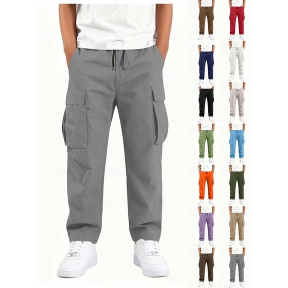 Boys Cargo Pants Zeophrasy Children's Solid Color Loose Casual Fashionable Elastic Waist Casual Sports Workwear Pants Kids