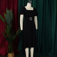 thumbnail image 4 of AURA Womens Square Neck High Waist A Line Midi Dress With Belt Flare Short Sleeves Solid Color, 4 of 9