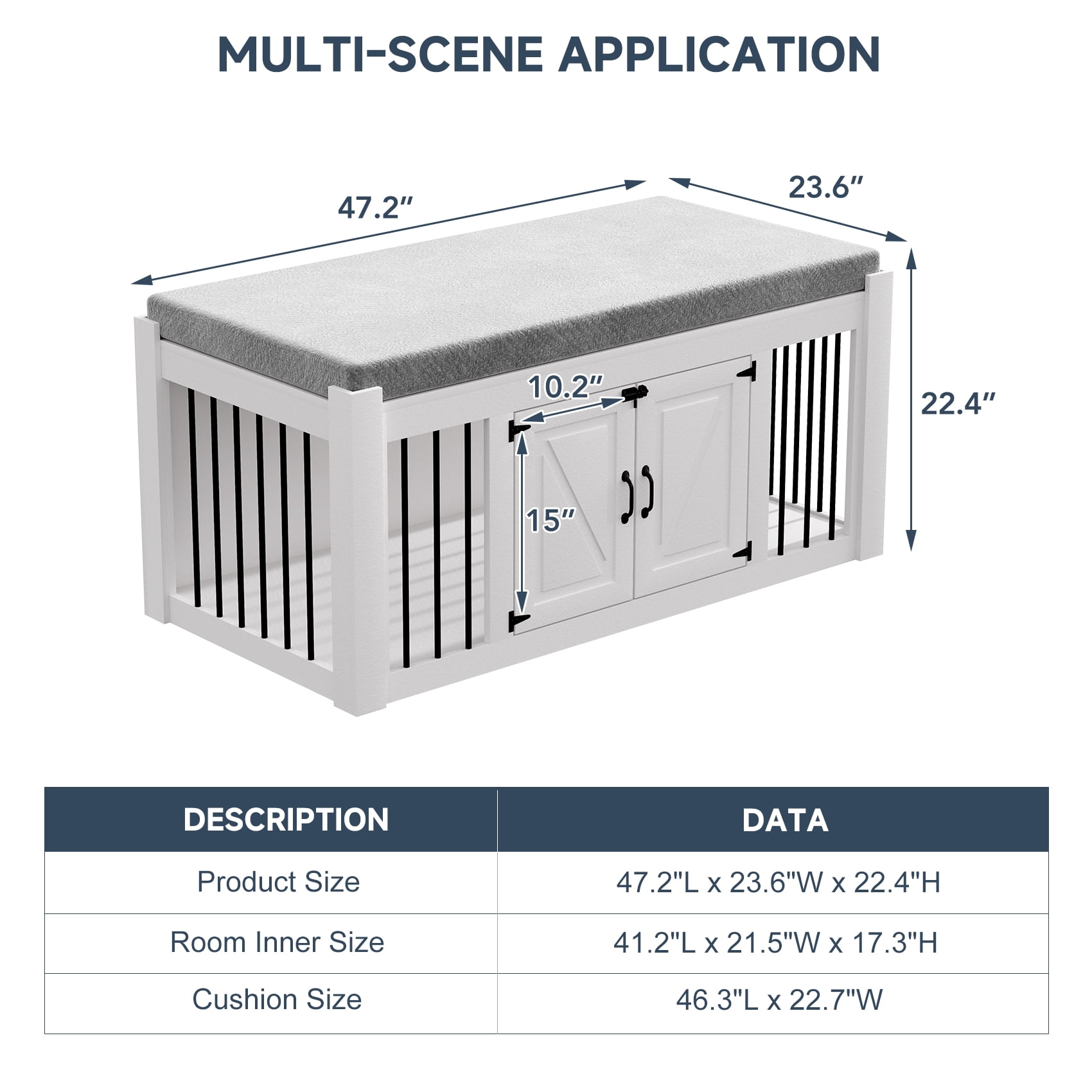 Faceket 47.2" Dog Crate Furniture, 2-Door Lockable Wooden Kennel with Cushion, White End of Bed Bench Ottoman for Medium Dogs