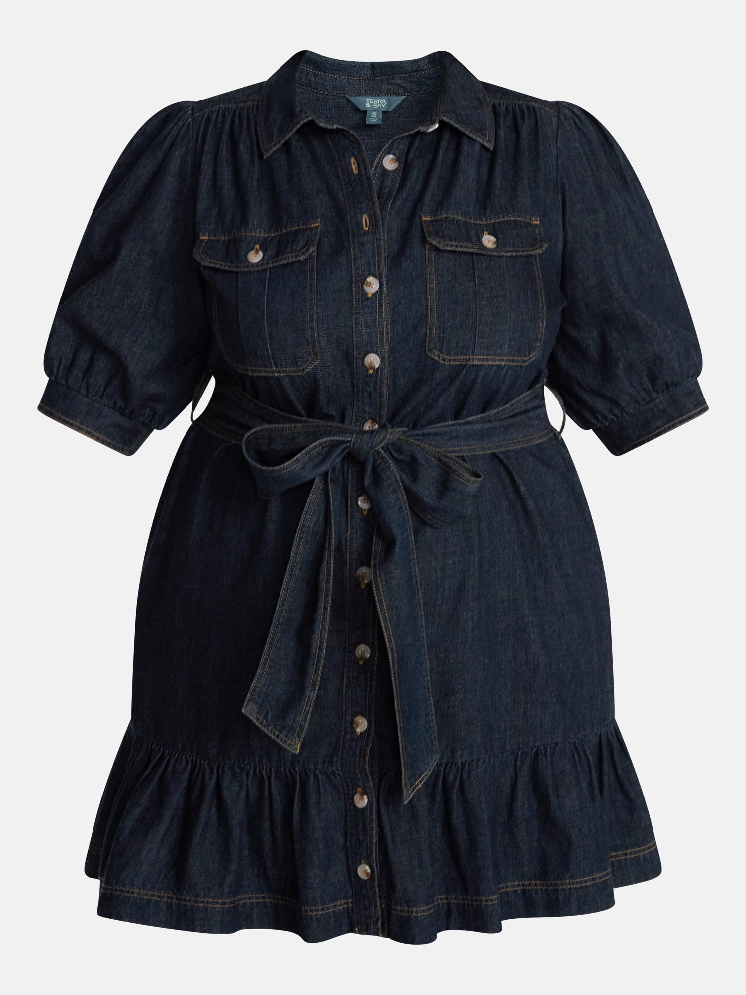 Terra & Sky Denim Belted Mini Shirtdress with Short Puff Sleeves, Sizes 0X-4X